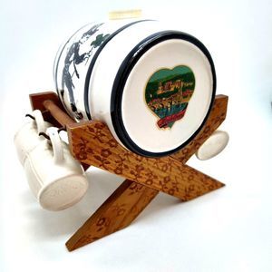 Handarbeit Vintage German Porcelain Whiskey Barrel Keg 4 Shot Cups with Stand